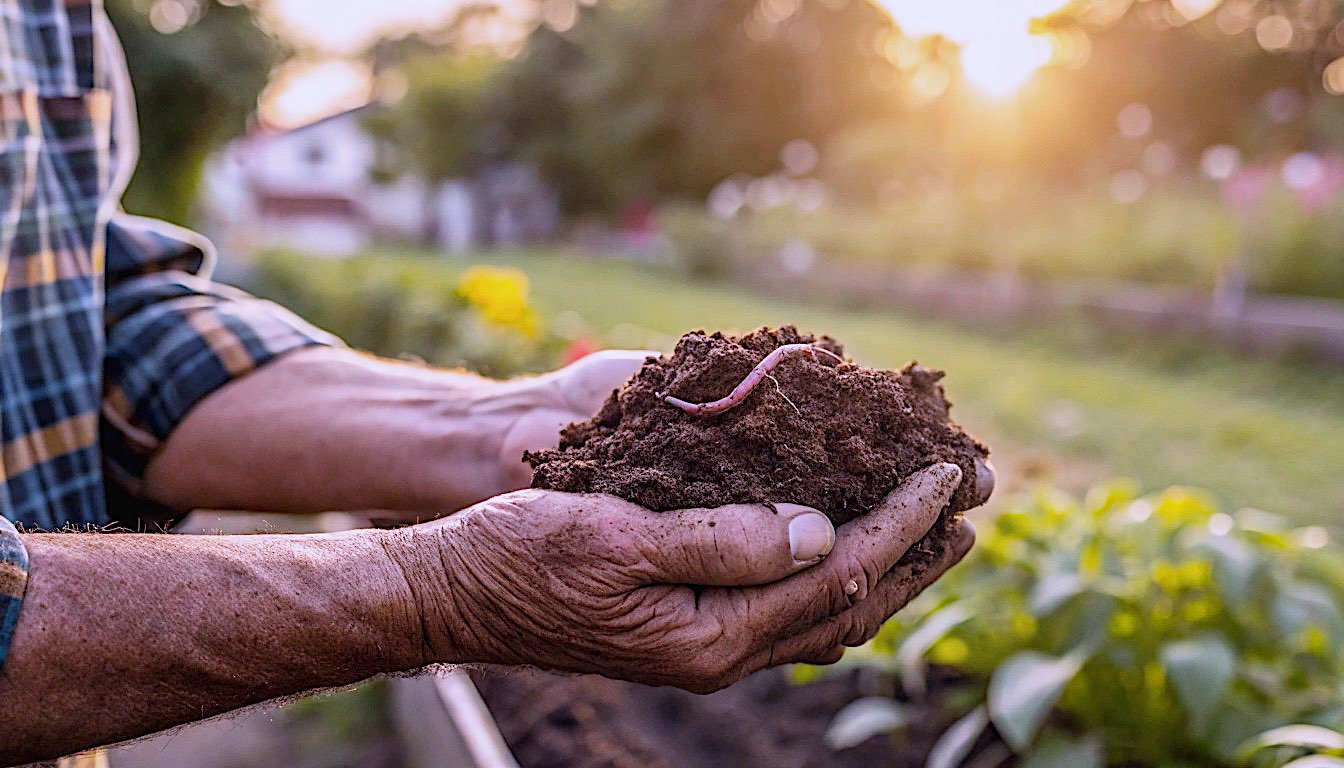 Professional DSLR photo, 16:9, golden-hour side light. Subject: A pair of weathered hands gently holding a clump of rich, dark soil with a visible earthworm and healthy root structures. Foreground: The texture of the soil (crumbly, dark) and the earthworm. Background: A blurred, lush garden with diverse plants (not a monoculture lawn), soft bokeh sunlight filtering through leaves. Mood: Authoritative, Nurturing, Organic.