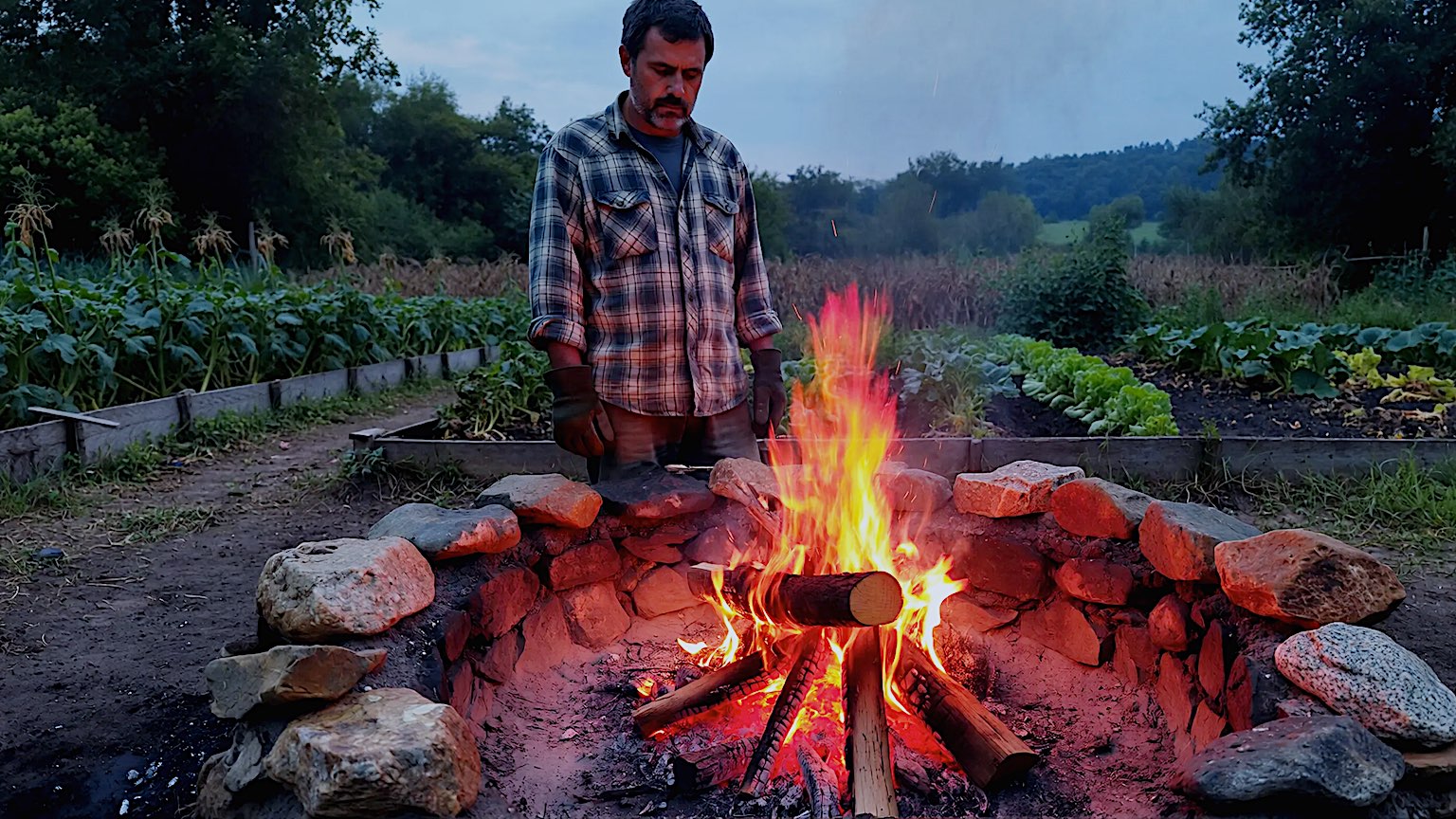Medium shot, cinematic, Kodak Portra 400 film stock. A man in his 40s, wearing a flannel shirt and work gloves, standing in a backyard at dusk. He is looking down at a newly built, rough-hewn stone fire pit with a real wood fire crackling. No blue flames, no plastic furniture. In the background, a vegetable garden is visible, slightly out of focus. The lighting is dominated by the warm orange glow of the fire and the deep blue of twilight. High contrast, realistic textures on the stone and dirt. Aspect Ratio 16:9.