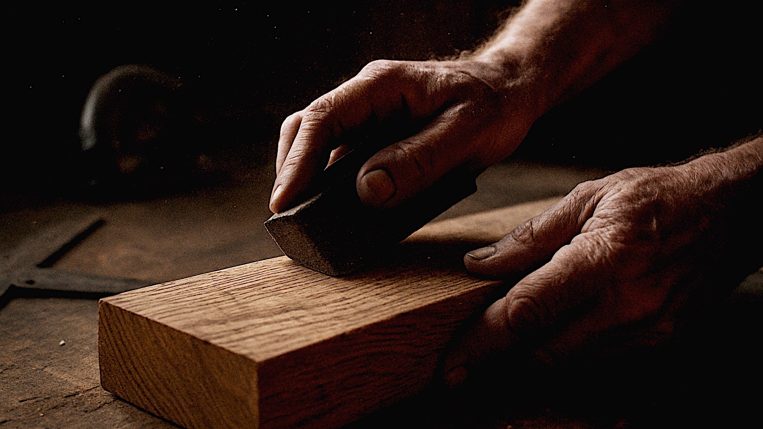 Cinematic, photorealistic shot, 35mm Kodak Portra 400 film grain. A close-up of a pair of weathered hands sanding a piece of raw, solid oak timber in a dimly lit garage workshop. Dust motes dancing in a single shaft of warm afternoon sunlight hitting the wood grain. In the blurred background, a steel framing square and a well-used circular saw rest on a workbench. High texture, focus on the tactility of the wood and the grit of the work. No polished surfaces, no bright "HGTV" lighting. The atmosphere is quiet, heavy, and purposeful.