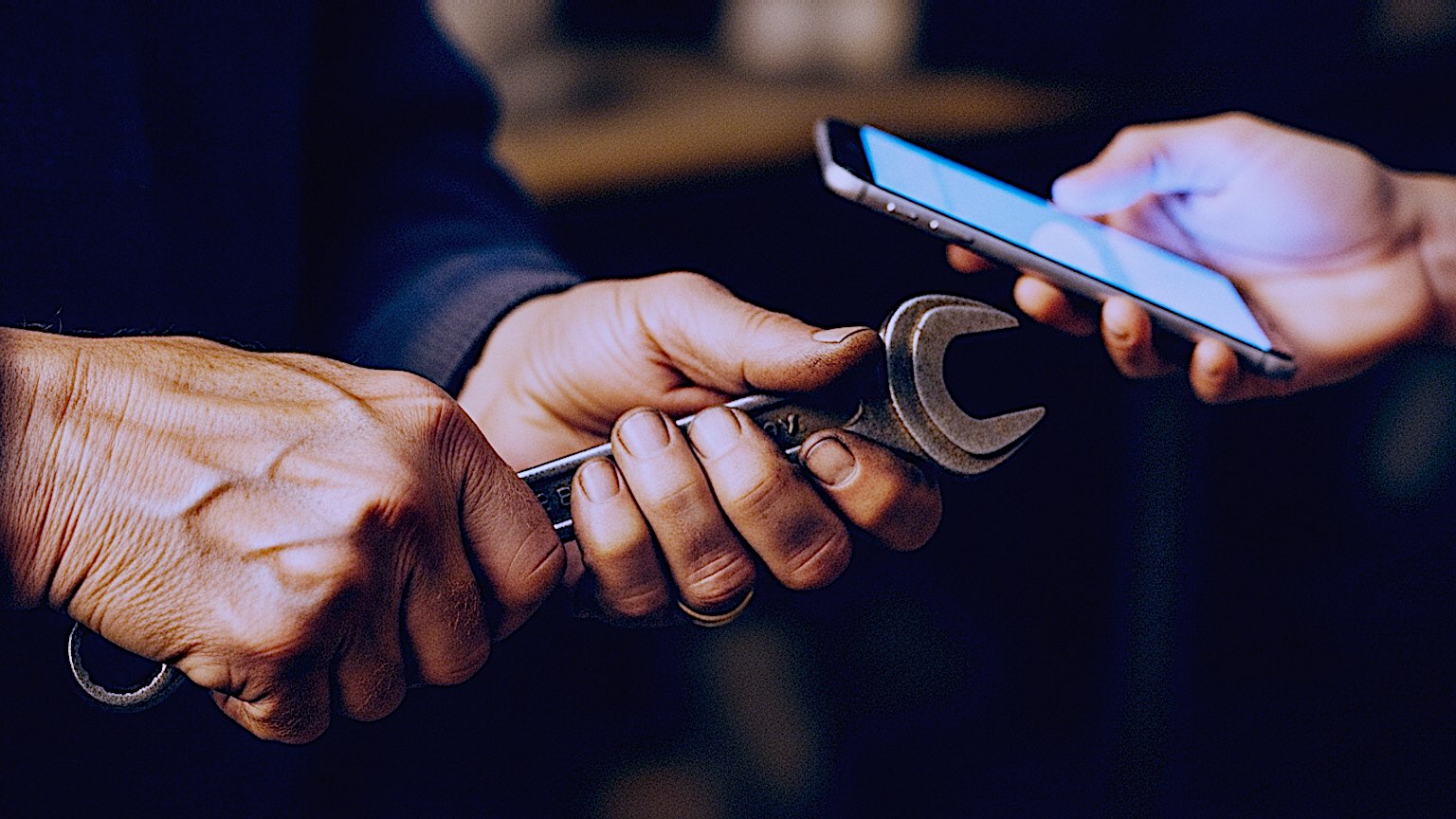 A close-up, photorealistic shot of an elderly craftsman's hands, weathered, stained with oil and dirt, gripping a heavy iron wrench. In the background, slightly out of focus, a young hand with smooth, pale skin holds a glowing, sleek smartphone. The lighting is dramatic "Rembrandt" style—warm light hitting the craftsman's hands, cold blue artificial light hitting the smartphone. Shot on Kodak Portra 400 stock, high grain, high contrast. No cartoons, no futuristic overlays.
